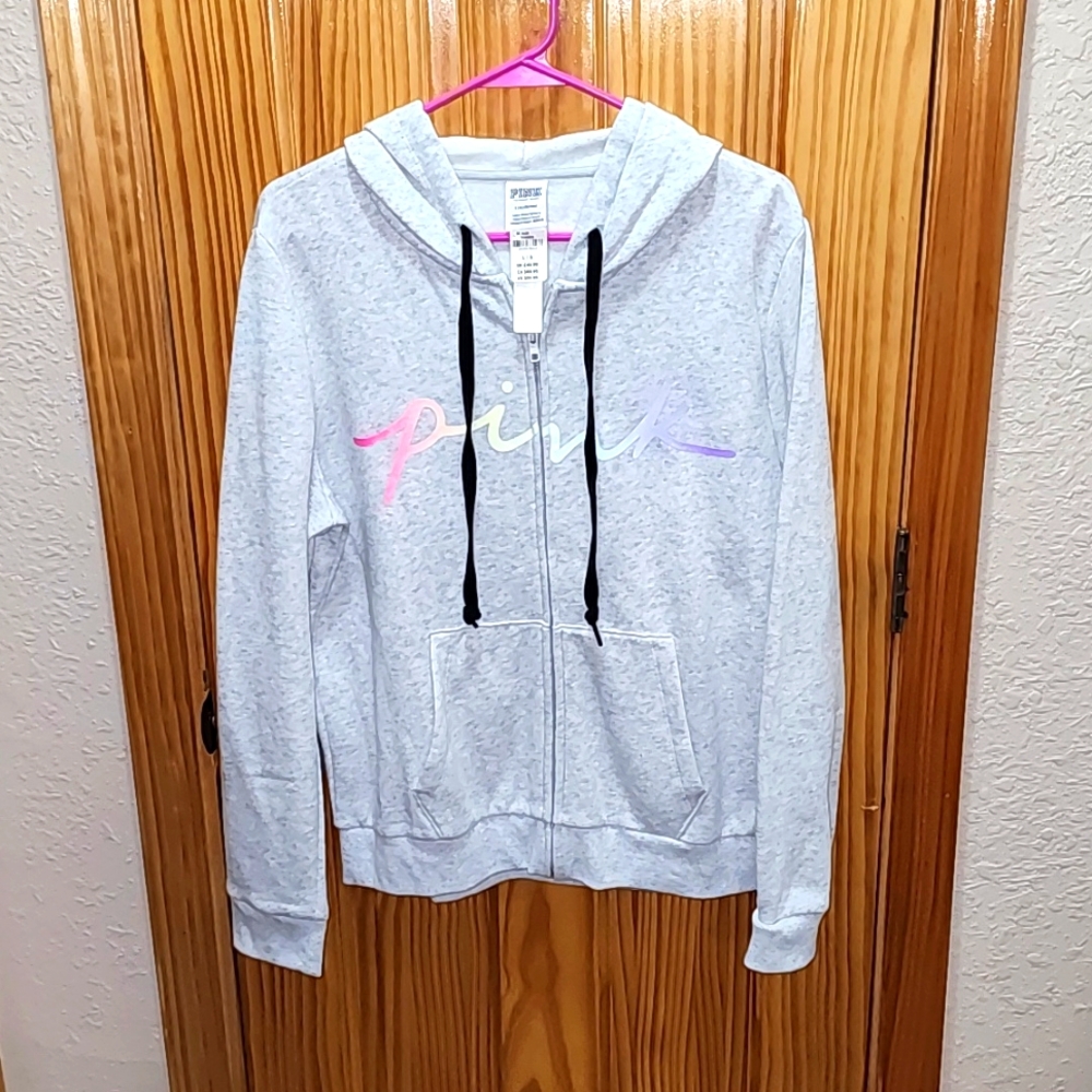NWT- VS PINK Gray Rainbow Logo Zip-Up Hoodie Size Large - Picture 2 of 4